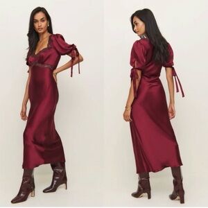 Reformation Silk Burgundy Midi Dress with Puff Sleeves